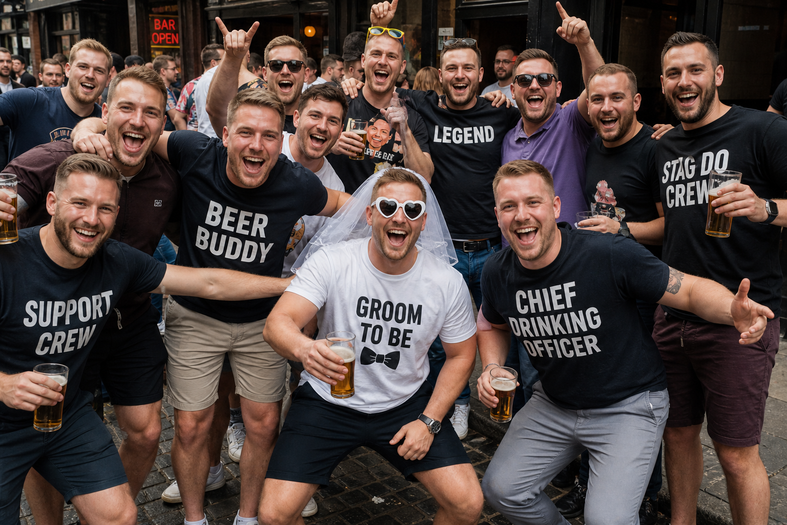 Stag party group in personalised printed T-shirts